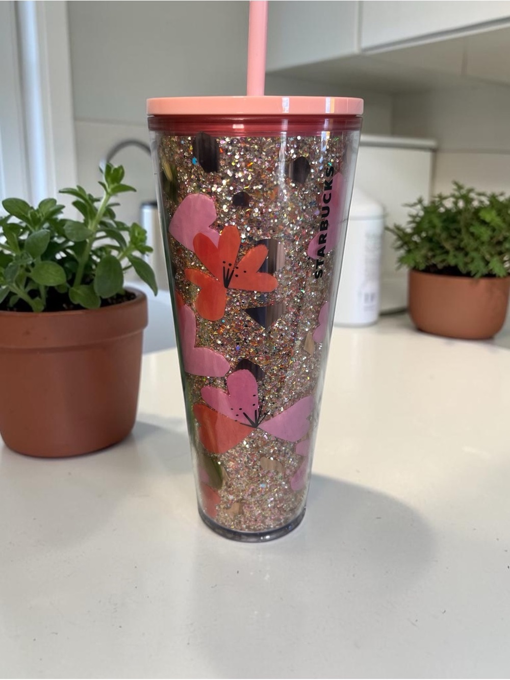 Starbucks Pink Floral Glitter Cold Cup Tumbler 24 oz with Straw